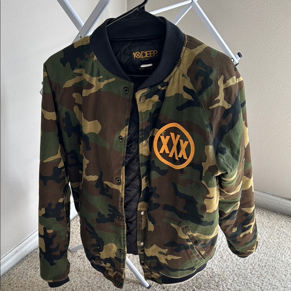 10.Deep Green and Brown Bomber Jacket with Camouflage Pattern